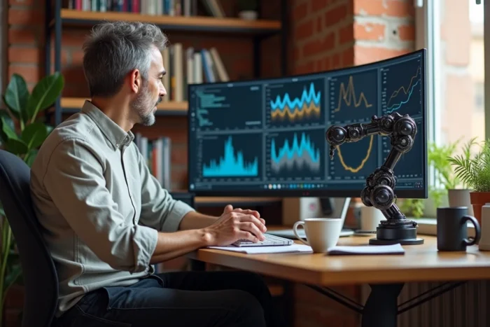 Homme travaillant avec un écran incurvé et une interface IA dans un bureau à domicile moderne en 2024