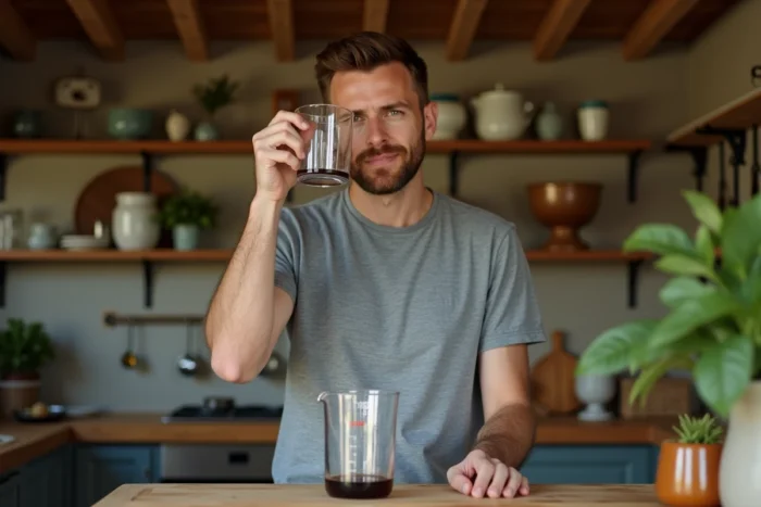 Homme lisant le niveau de 25 cl sur un verre doseur transparent dans une cuisine rustique de style campagnard