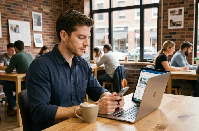 Homme consultant simultanément un ordinateur et un smartphone pour trouver un emploi dans un espace de coworking