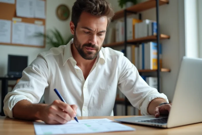 Homme remplissant un chéquier CESU à son bureau à domicile pour déclarer un emploi à domicile et bénéficier d'avantages fiscaux