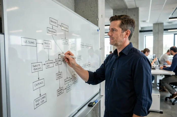 Homme annotant un schéma d'architecture de site web sur un tableau en verre dans un bureau moderne