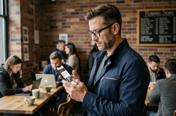 Homme consultant les dernières actualités digitales sur smartphone dans un café urbain animé
