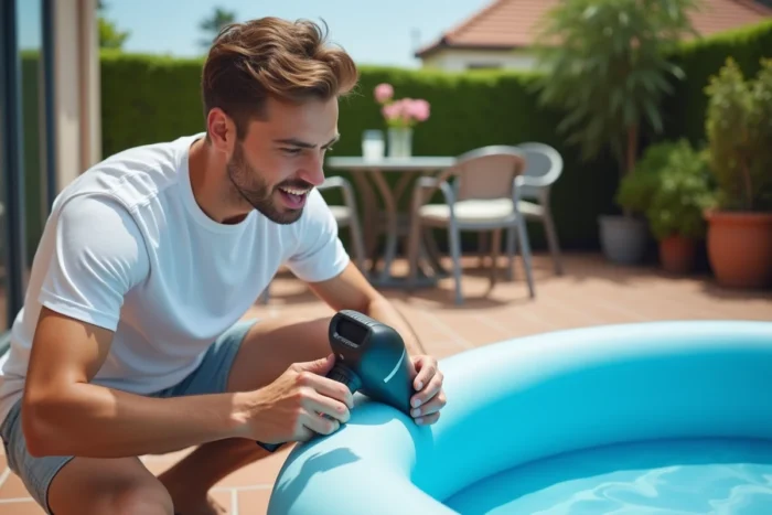 Homme insérant l'embout d'un sèche-cheveux dans la valve d'une piscine gonflable sur une terrasse carrelée