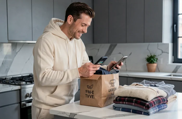 Homme emballant des vêtements vendus sur Vinted dans un colis d'expédition depuis sa cuisine moderne