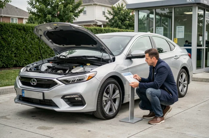 Homme examinant le groupe motopropulseur d'une voiture hybride moderne garée dans une station-service suburbaine