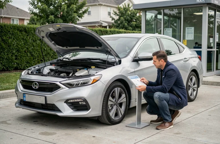 Homme examinant le groupe motopropulseur d'une voiture hybride moderne garée dans une station-service suburbaine