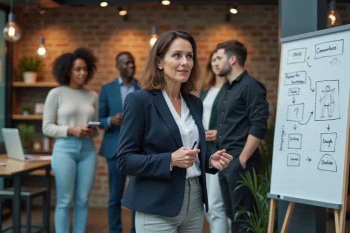Femme malentendante présentant ses idées à ses collègues dans un espace de coworking moderne, illustrant l'inclusion professionnelle au quotidien