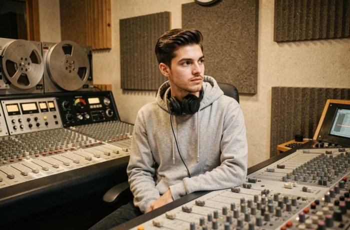 Ingénieur du son travaillant sur une console de mixage analogique dans un studio d'enregistrement professionnel à Paris