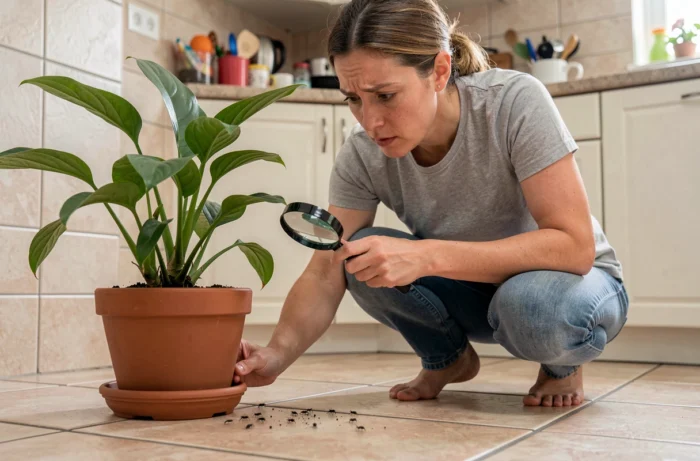 Femme inspectant des petites bêtes noires sauteuses au pied d'une plante d'intérieur avec une loupe