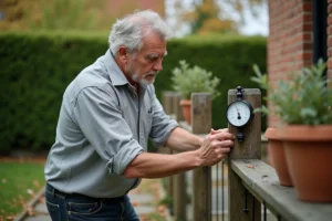 Homme installant un thermomètre extérieur analogique sur un poteau en bois dans un jardin suburban