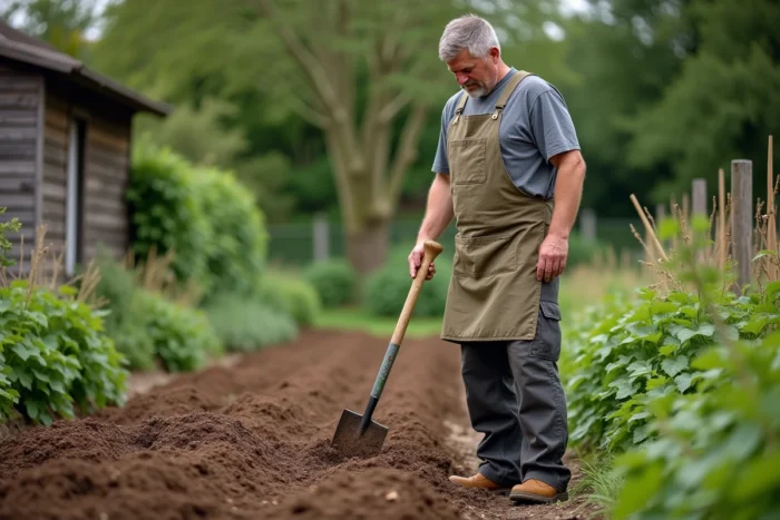 Jardinier tenant une serfouette dans un potager avec un abri en bois et des treillis de haricots en arrière-plan