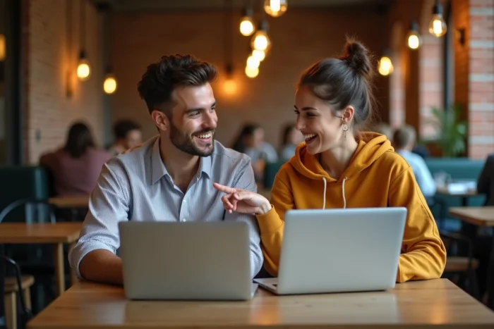 Deux jeunes adultes travaillant ensemble sur des ordinateurs portables dans un café moderne urbain