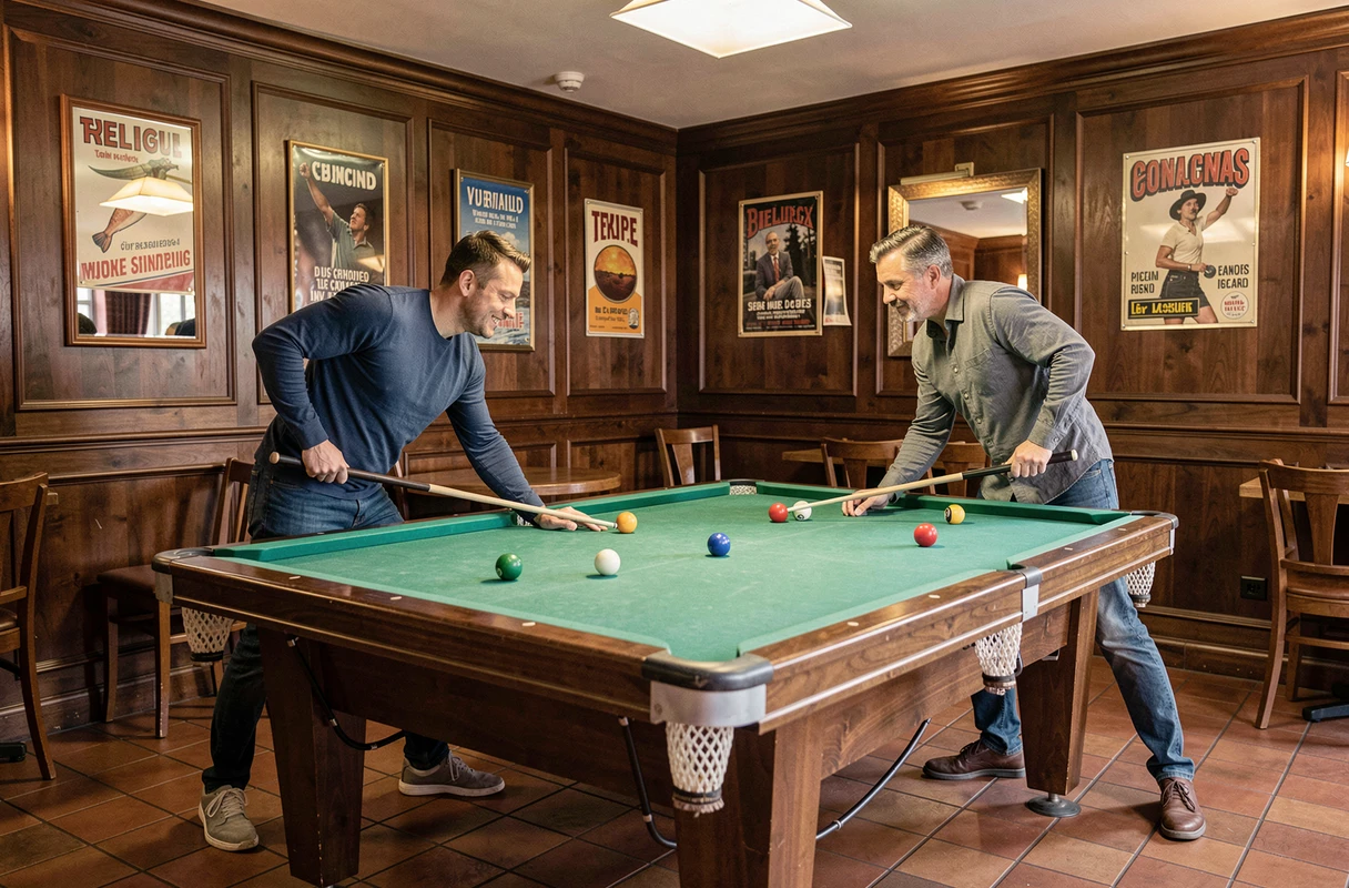 Deux joueurs disputant une partie de billard sur une table parfaitement entretenue dans un bar traditionnel français