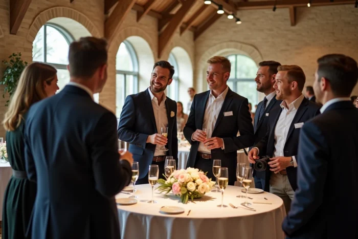 Journalistes et personnalités médiatiques réunis lors d'une réception de mariage dans une salle de réception en pierre