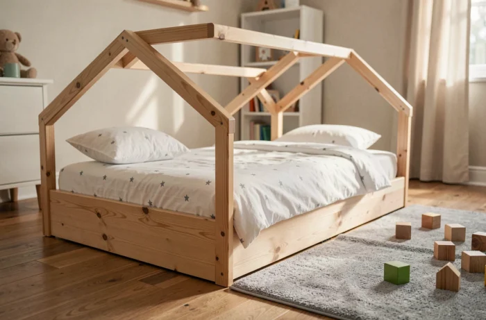 Lit cabane au sol en bois naturel avec literie blanche étoilée dans une chambre de petit garçon