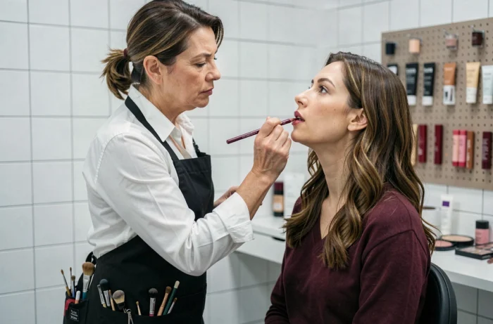Maquilleuse professionnelle appliquant un crayon contour lèvres sur un mannequin en studio beauté