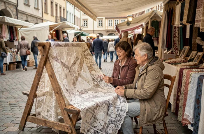 Deux femmes examinant une nappe en dentelle artisanale sur un stand de marché artisanal en plein air dans une place pavée européenne