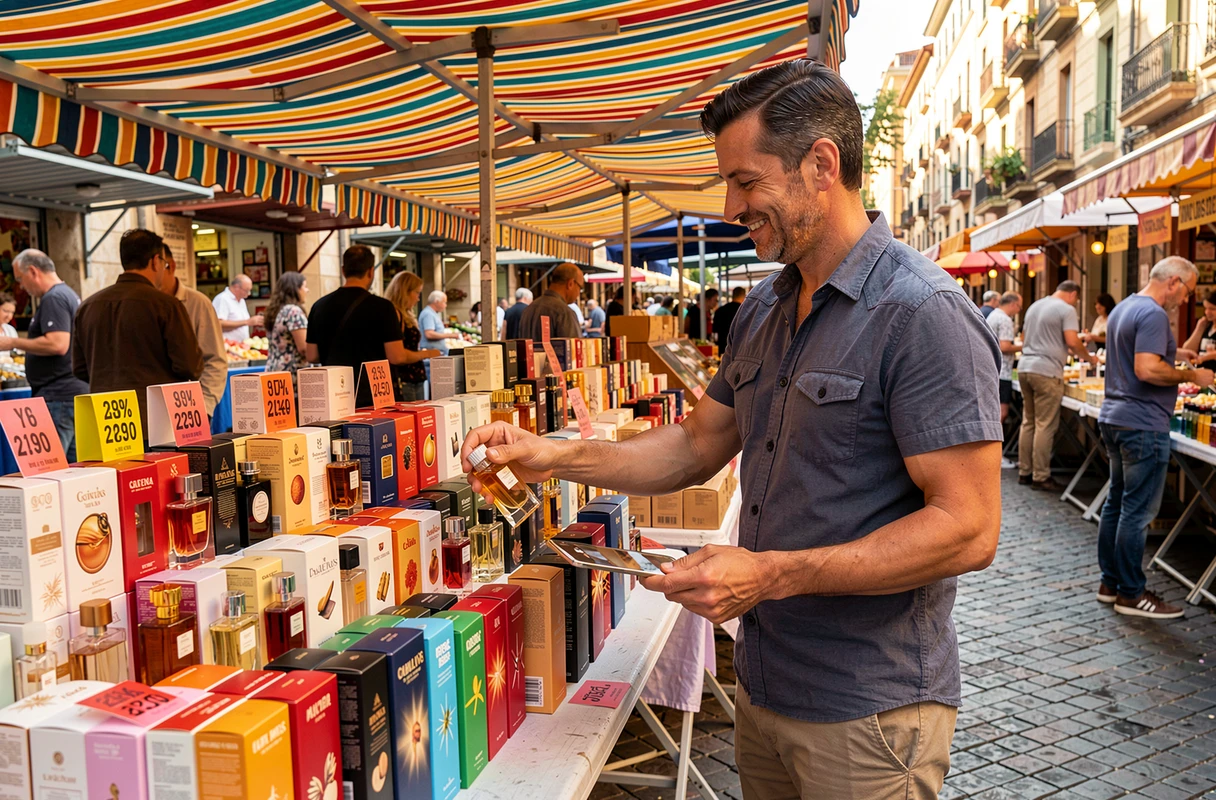 Homme parcourant des parfums en promotion sur un marché en plein air à Barcelone