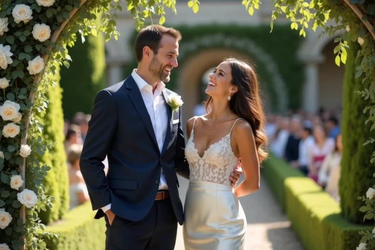Couple élégant partageant un moment complice lors d'un mariage en plein air dans un jardin de château français