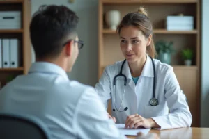 Médecin femme expliquant des résultats d'analyse sanguine CA 19-9 à un patient lors d'une consultation médicale