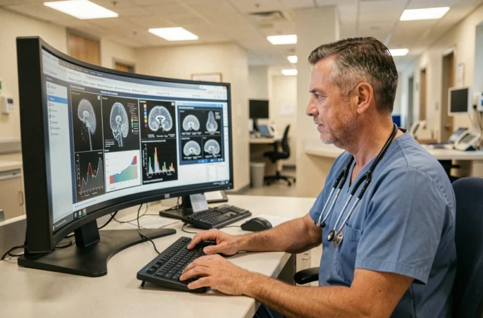 Médecin expérimenté consultant des diagnostics assistés par intelligence artificielle sur un écran d'hôpital moderne, symbolisant la révolution numérique en médecine