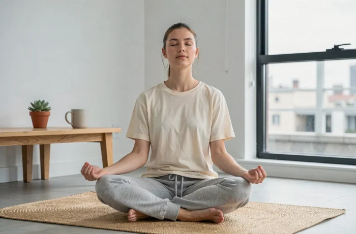 Jeune femme en méditation sur un tapis de yoga naturel dans un appartement minimaliste, représentant le bien-être mental et le mode de vie sain au quotidien