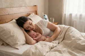 Mère et nouveau-né en cosleeping dans un grand lit aux draps en lin ivoire, illustrant les bienfaits du cododo