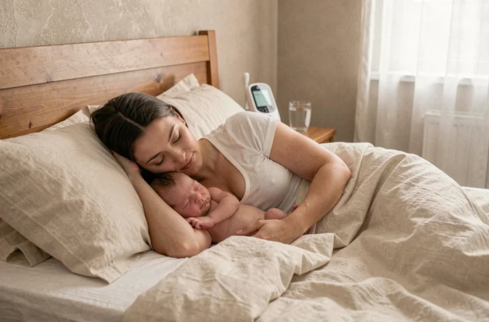 Mère et nouveau-né en cosleeping dans un grand lit aux draps en lin ivoire, illustrant les bienfaits du cododo