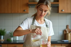 Femme versant 25 cl de liquide dans un verre doseur gradué sur un plan de travail en bois dans une cuisine moderne
