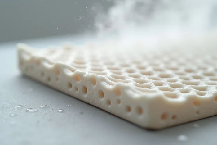 Gros plan sur la texture poreuse d'un module de refroidissement adiabatique en céramique avec vapeur évaporative