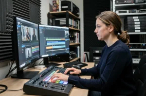 Monteuse vidéo professionnelle travaillant sur une timeline de post-production dans un studio audiovisuel parisien