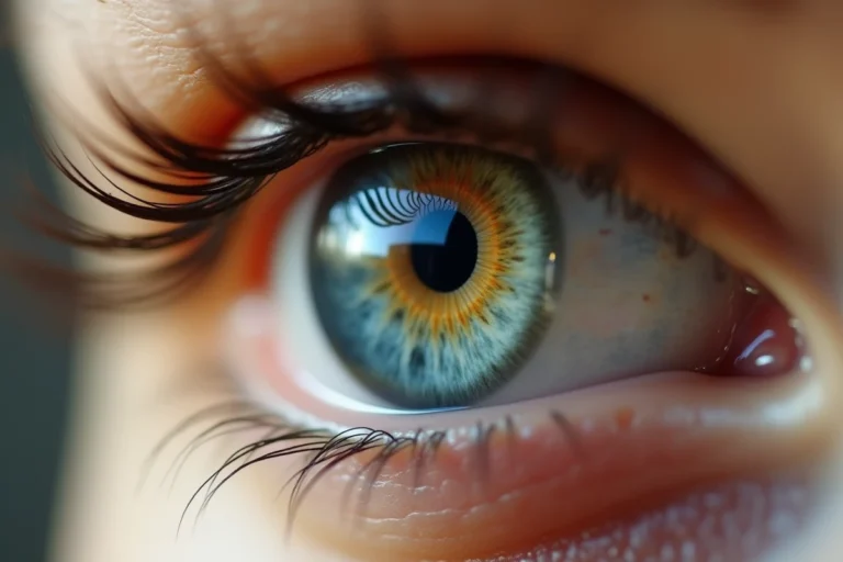 Gros plan macro d'un œil humain aux teintes bleu-vert-gris avec un anneau central jaune doré, hétérochromie centrale naturelle