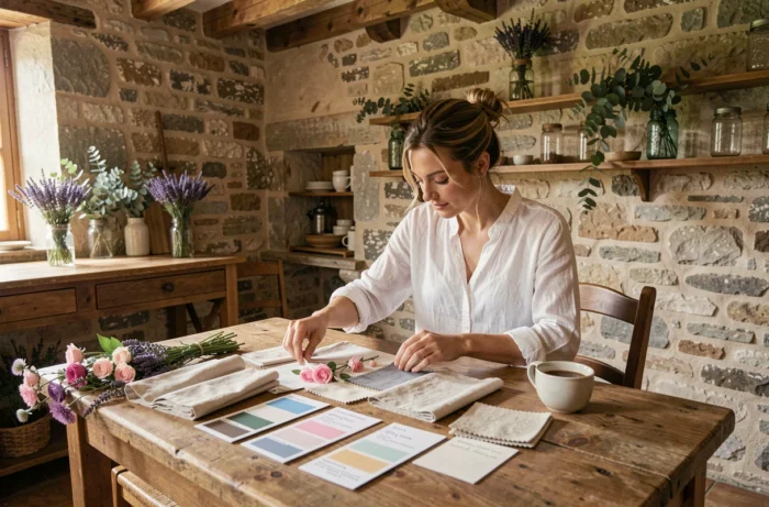 Femme organisant des échantillons de tissu et palettes de couleurs pour un mariage dans un intérieur rustique en pierre