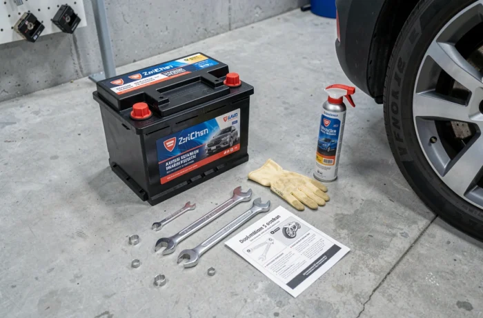 Outils et nouvelle batterie posés au sol avant le remplacement sur une Dacia Jogger