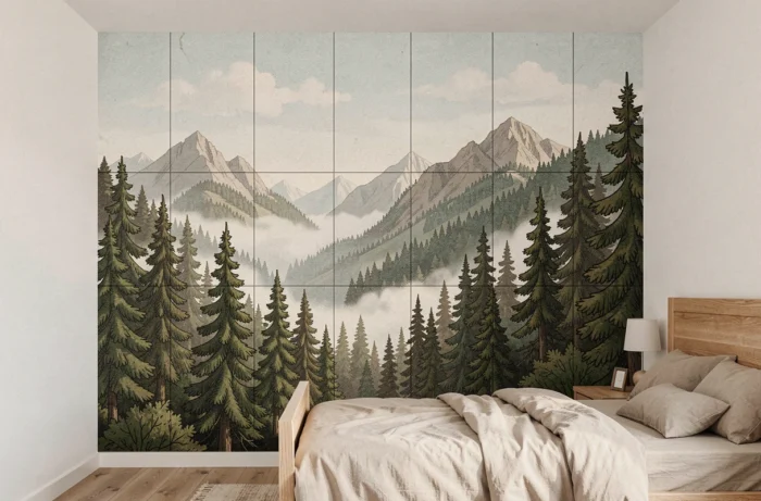 Papier peint panoramique illustrant une forêt de sapins sur un seul pan de mur d'une chambre de garçon