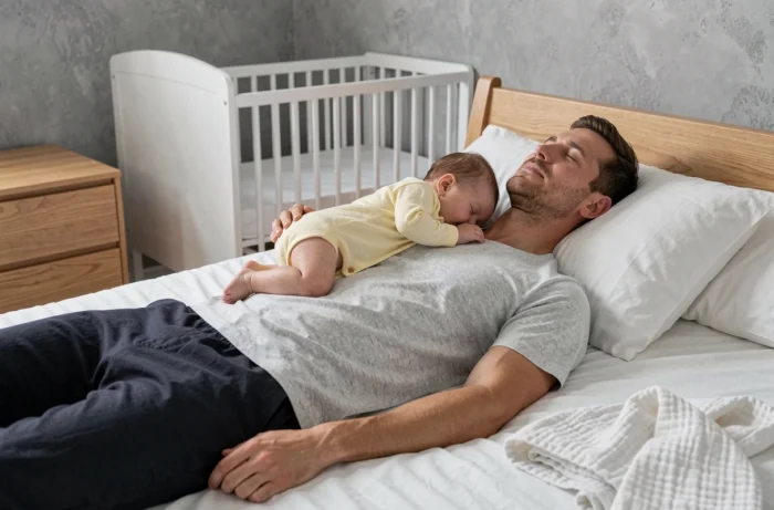 Père tenant son bébé endormi sur la poitrine lors d'une séance de cododo dans une chambre de style scandinave
