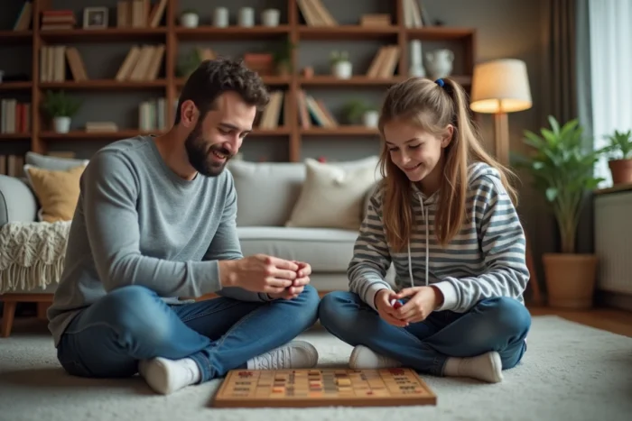 Père et fille adolescente jouant à un jeu de société sur le sol du salon lors d'un moment de complicité familiale