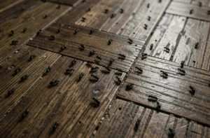Gros plan de petites bêtes noires sauteuses sur un parquet en bois, signe d'infestation à domicile