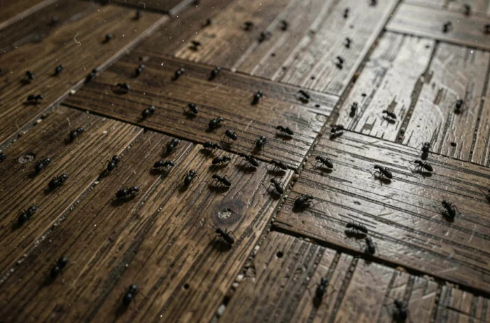 Gros plan de petites bêtes noires sauteuses sur un parquet en bois, signe d'infestation à domicile