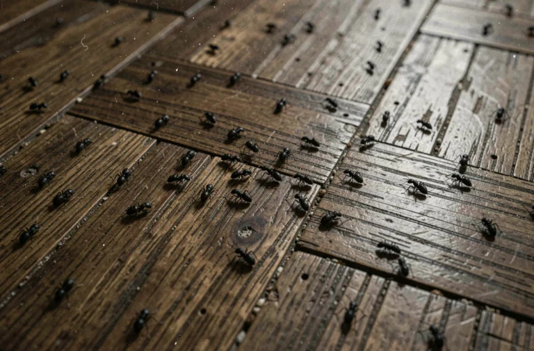 Gros plan de petites bêtes noires sauteuses sur un parquet en bois, signe d'infestation à domicile
