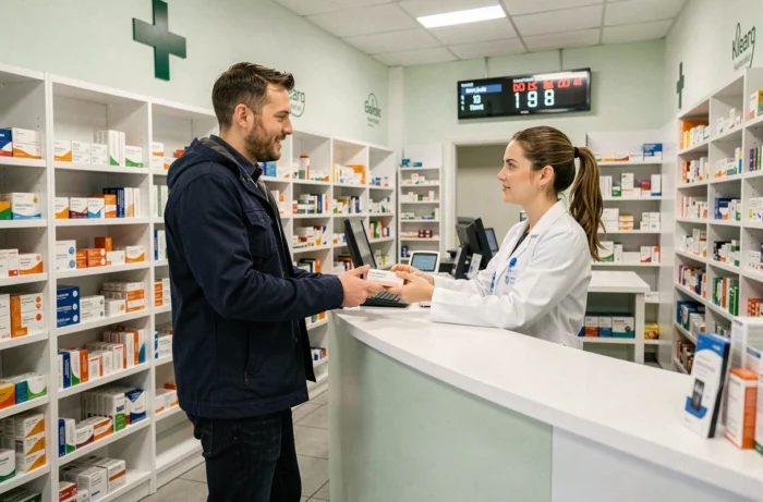 Homme recevant ses médicaments d'une pharmacienne dans une pharmacie belge avec rayonnages blancs