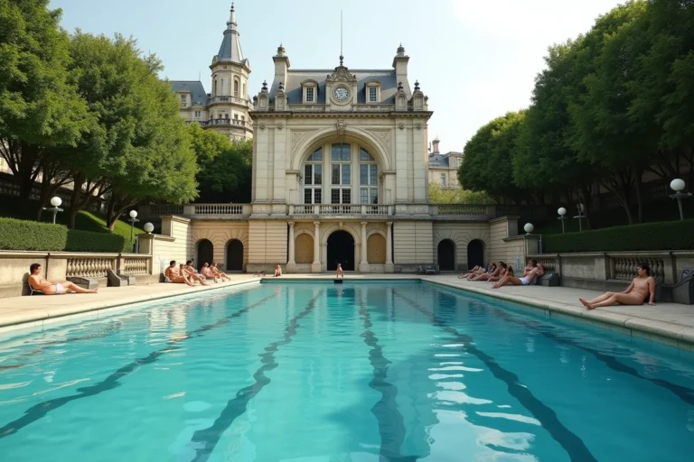 Bassin extérieur de la piscine de la Butte aux Cailles à Paris avec façade Art Déco et nageurs adultes