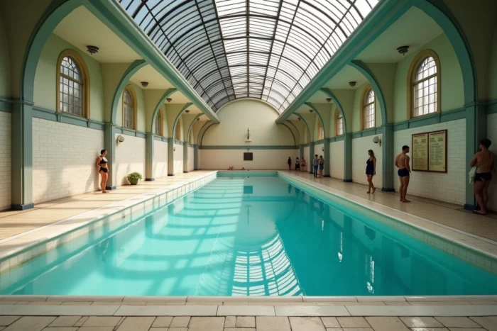 Intérieur historique de la piscine de la Butte aux Cailles avec bassin couvert et structure métallique Art Déco
