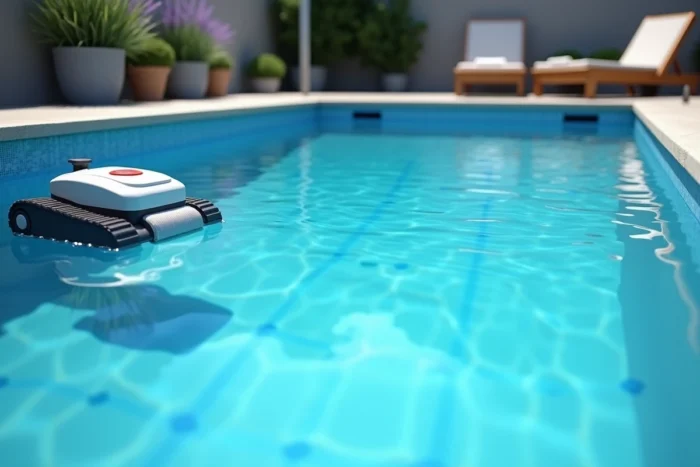 Vue grand angle d'une piscine extérieure propre avec eau bleue cristalline et robot nettoyeur au fond du bassin