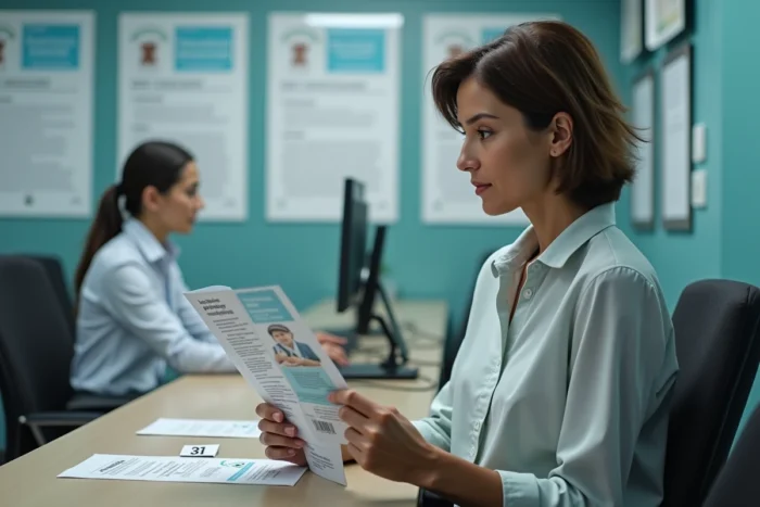 Femme dans un bureau administratif étranger s'informant sur la portabilité de sa protection sociale