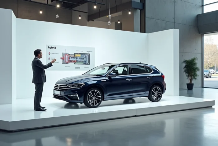Présentateur expliquant le fonctionnement d'un groupe motopropulseur hybride dans un showroom automobile moderne