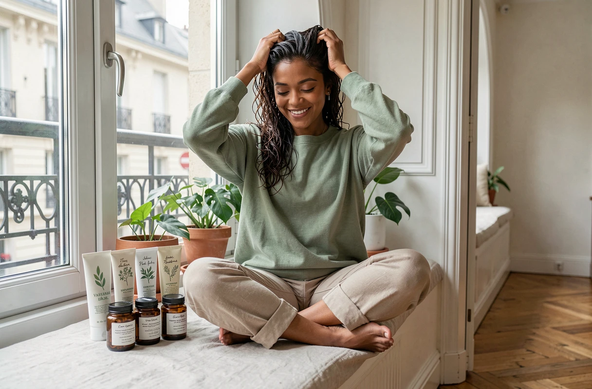 Femme aux boucles ondulées utilisant des produits coiffants naturels dans un appartement parisien lumineux