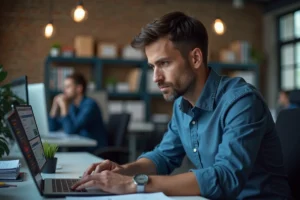 Professionnel informatique analysant des alertes de virus sur un ordinateur portable en entreprise
