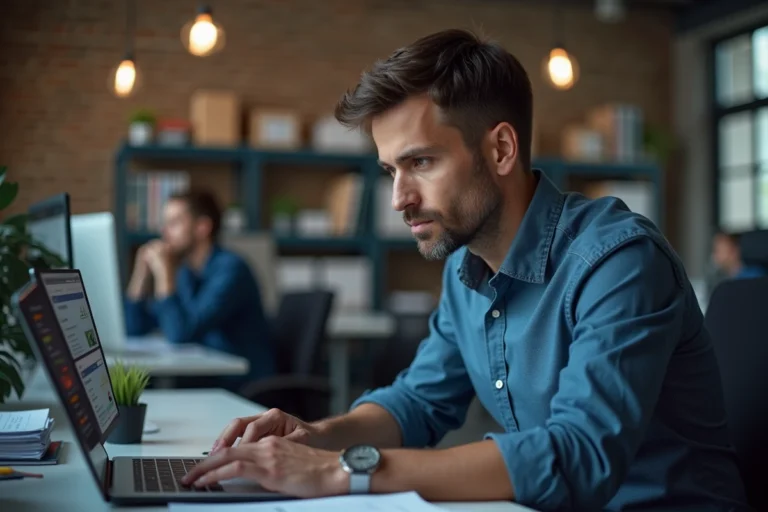 Professionnel informatique analysant des alertes de virus sur un ordinateur portable en entreprise