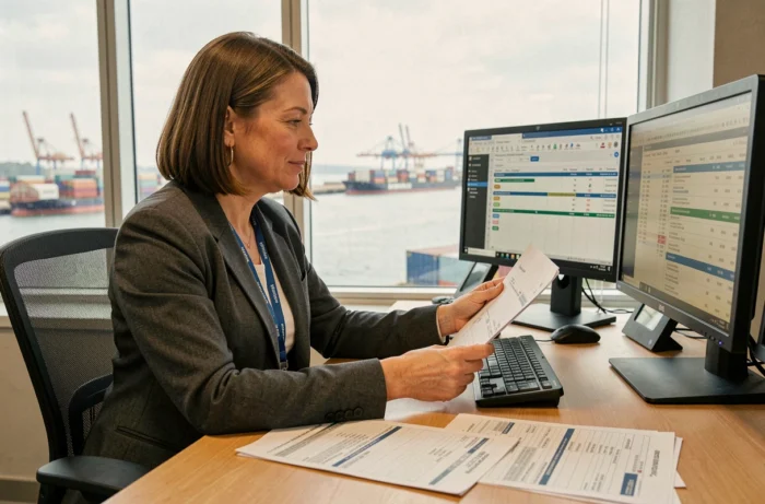 Femme professionnelle du secteur du fret analysant des documents de transport dans un bureau moderne avec vue sur un port maritime